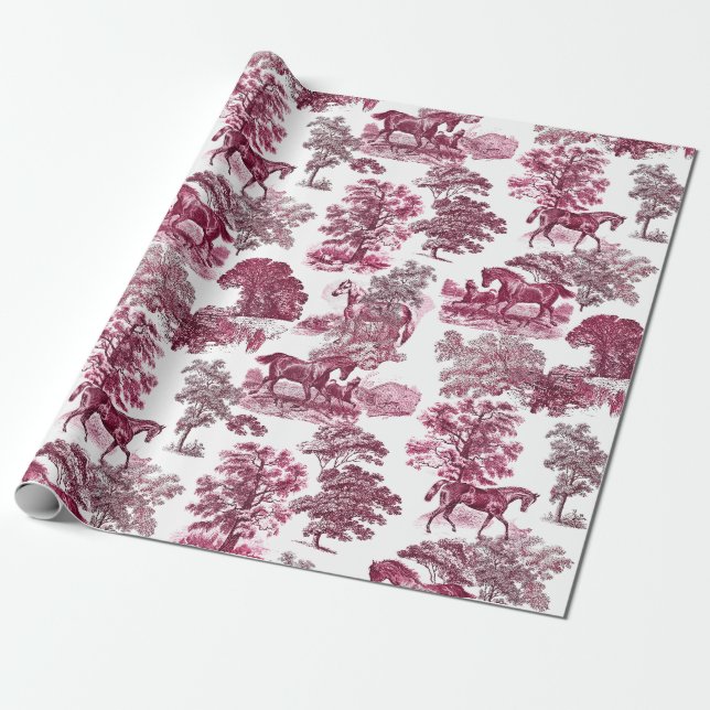 Classy Elegant Rustic Magenta Horses Land Toile Presentpapper (Utrullad)