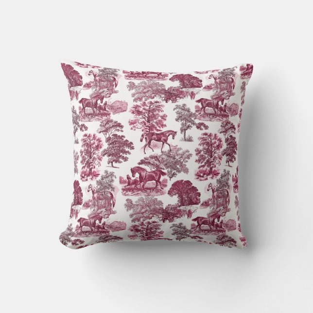 Classy Elegant Rustic Magenta Red Toile Horses Kudde (Framsida)