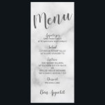 Classy Elegant White Marble Bröllop Menu Meny<br><div class="desc">Menykortet Classy Elegant White Marble Bröllop med titel i det moderna grått-skriptteckensnittet med bröllop-menydetaljer i grått modern sans serif-teckensnitt på vit marmorbakgrund.</div>