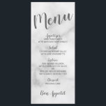 Classy Elegant White Marble Bröllop Menu Meny<br><div class="desc">Menykortet Classy Elegant White Marble Bröllop med titel i det moderna grått-skriptteckensnittet med bröllop-menydetaljer i grått modern sans serif-teckensnitt på vit marmorbakgrund.</div>