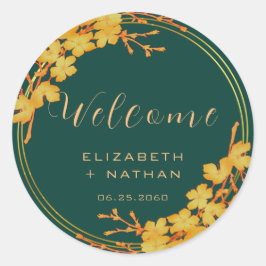 Classy Emerald Grönt Guld Blommigt Bröllop Välkomm Runt Klistermärke