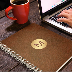Classy Faux Brown Leather & Guld Initial Namn Anteckningsbok
