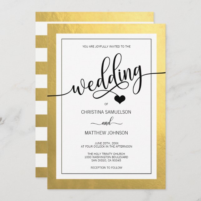 Classy Faux Gold Foil Black & White Heart Bröllop Inbjudningar (Fram/baksida)