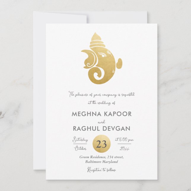 Classy Faux Gold Foil Ganesha Indian God Bröllop Inbjudningar (Framsida)