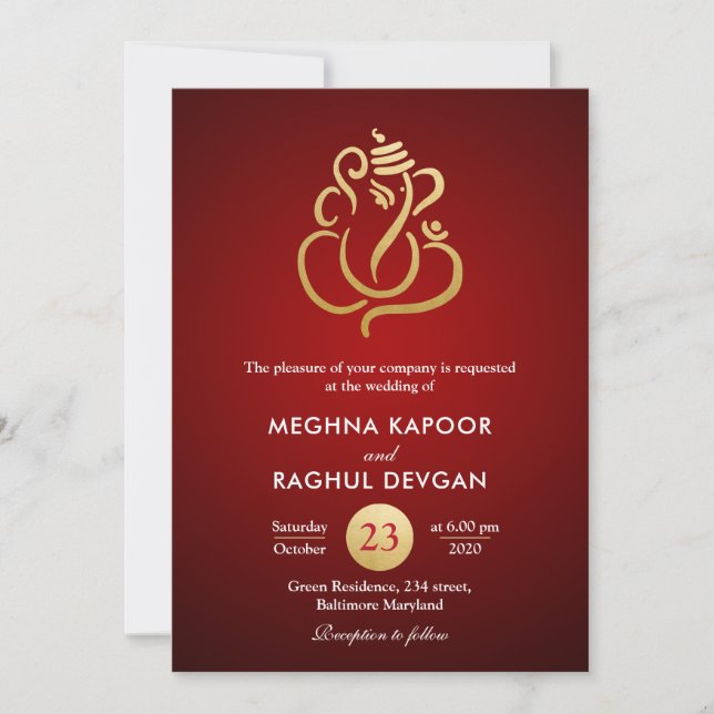 Classy Faux Gold Foil Ganesha/Indian Red Bröllop Inbjudningar (Framsida)