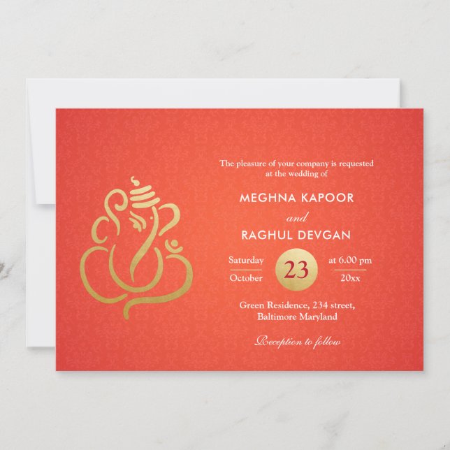 Classy Faux Gold Foil Ganesha Indian Red Damask Inbjudningar (Framsida)