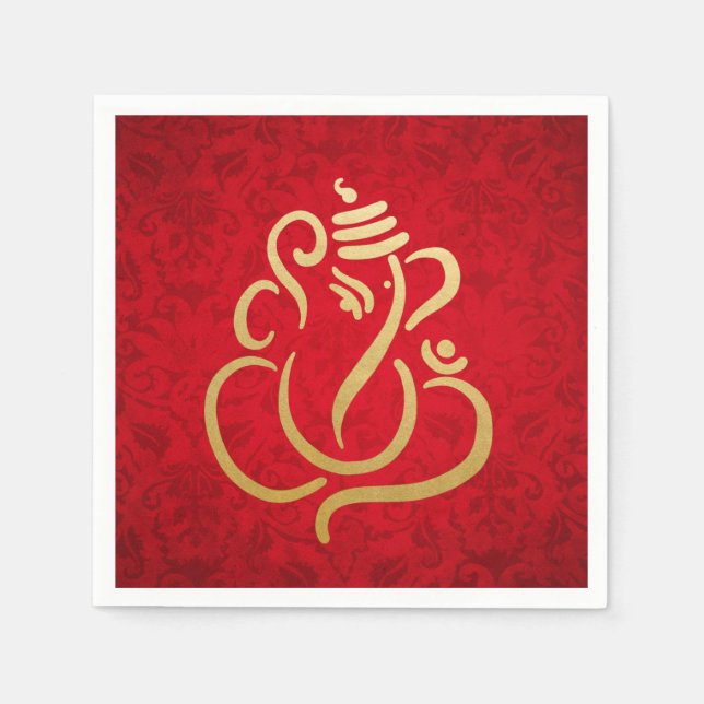 Classy Faux Gold Foil Ganesha Indian Red Damask Pappersservett (Framsidan)