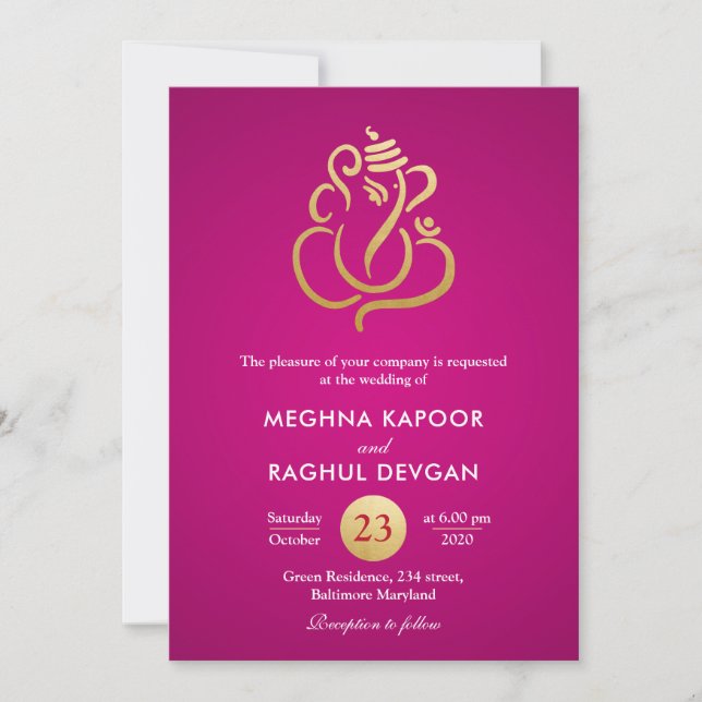 Classy Faux Gold Foil Ganesha/Indian Rosa Bröllop Inbjudningar (Framsida)