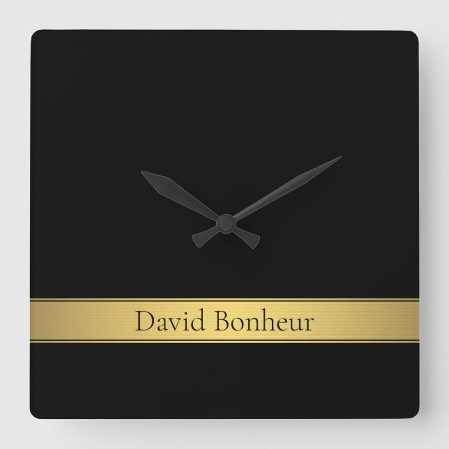 Classy Faux Guld Rand & Black Background eller DIY Fyrkantig Klocka (Framsida)