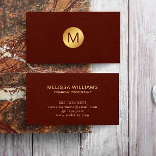 Classy Faux Red Leather & Guld Monogram Namn Visitkort