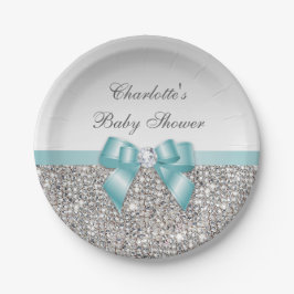 Classy Faux Teal Bow Silver Sequins Baby Shower
