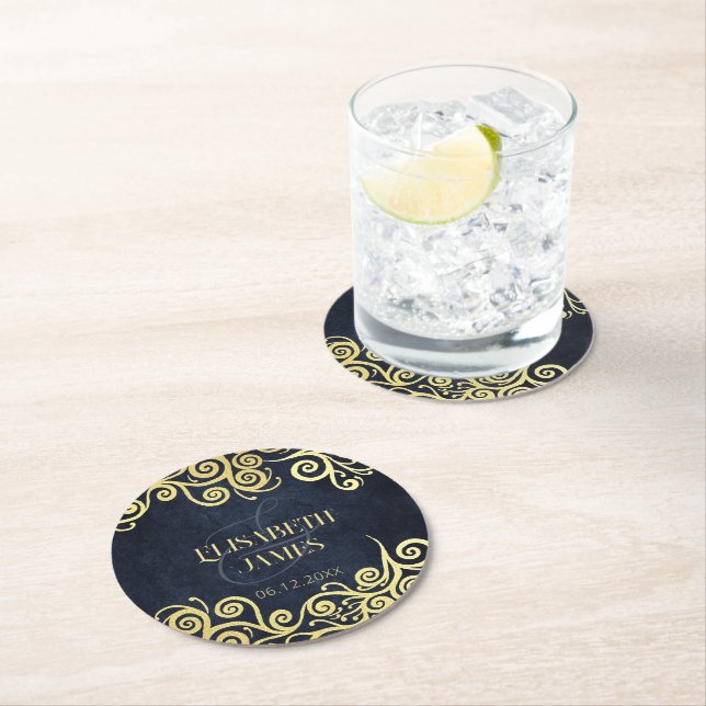 Classy Flourish Navy Blue and Guld Winter Wedding Underlägg Papper Rund (Insitu)