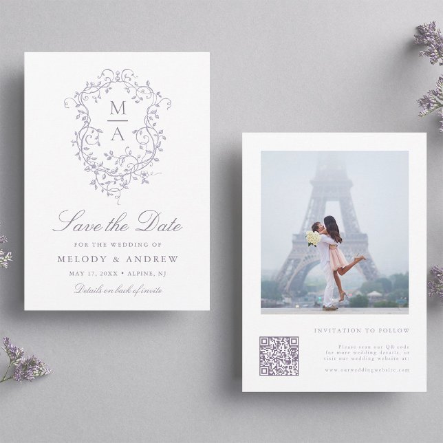 Classy French Lavender Floral Crest Wedding Photo Spara Datumet (Skapare uppladdad)
