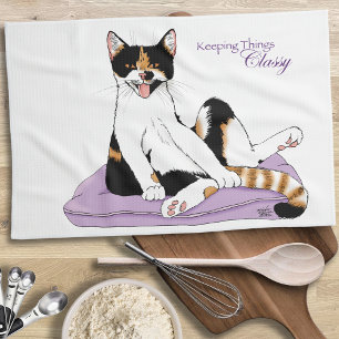 Classy Funny Calico Cat Lila Kökshandduk