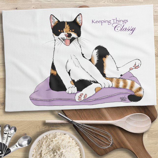 Classy Funny Calico Cat Lila Kökshandduk (Skapare uppladdad)