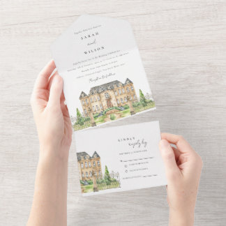 Classy Garden Chateau Watercolor bröllopsinbjudan