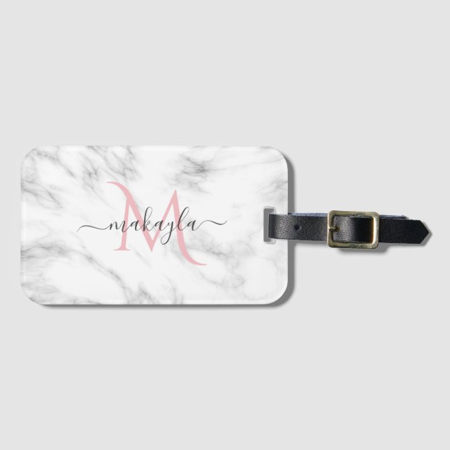 Classy Girly Luxury Marble Design Namn Monogram Bagagebricka (Framsida horisontal)