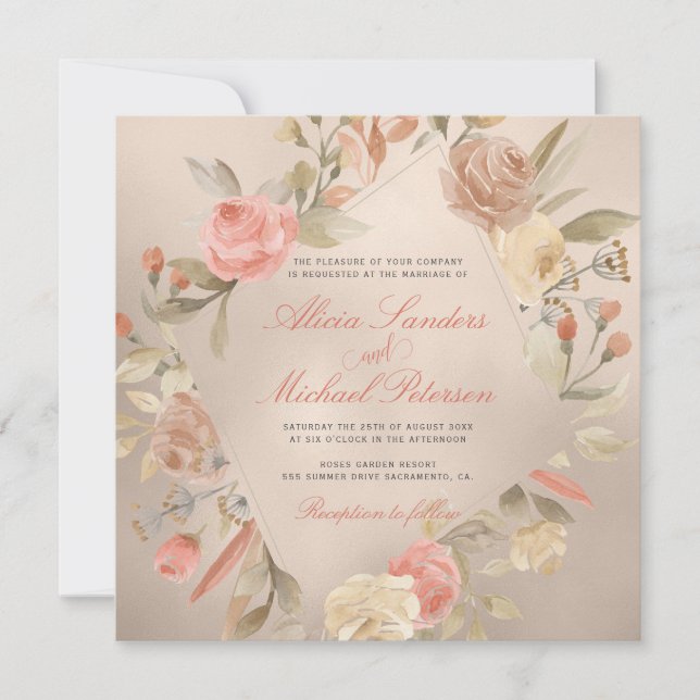 Classy Glam Peach Cream Coral Guld Ro Bröllop Inbjudningar (Framsida)