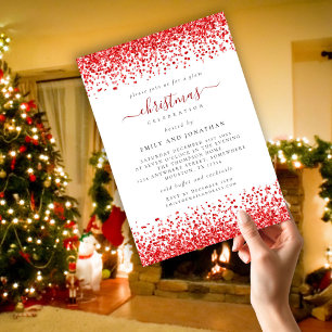 Classy Glam Red Glitter jul Party White Inbjudningar