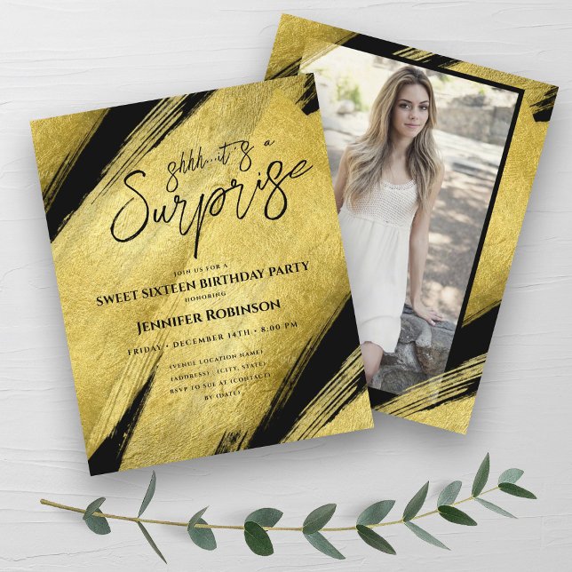 CLASSY Gold Foil Photo Surprise Sweet 16 Inbjudan (CLASSY Gold Foil Photo Surprise Sweet 16 Invites )