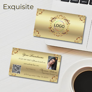Classy Golden Ornate Decor Logotyp Photo and QR Co Visitkort