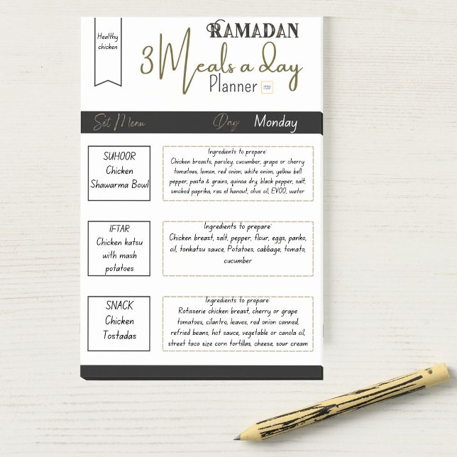Classy Greeny Ramadan 3 Måltider per dag-planerare Post-it Block (Healthy Chicken Menus in Ramadan )