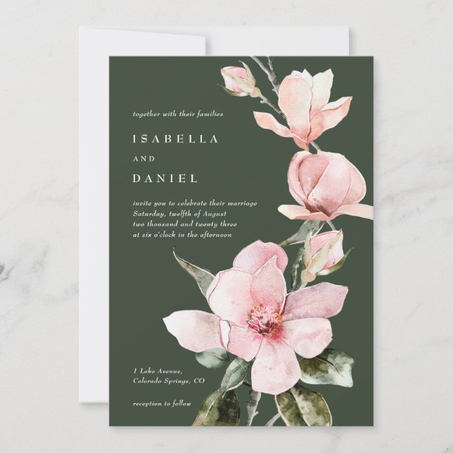 Classy Grönt Watercolor Magnolia Bröllop Inbjudningar (Framsida)