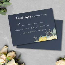 Classy gula blommor greenery navy blue bröllop OSA kort