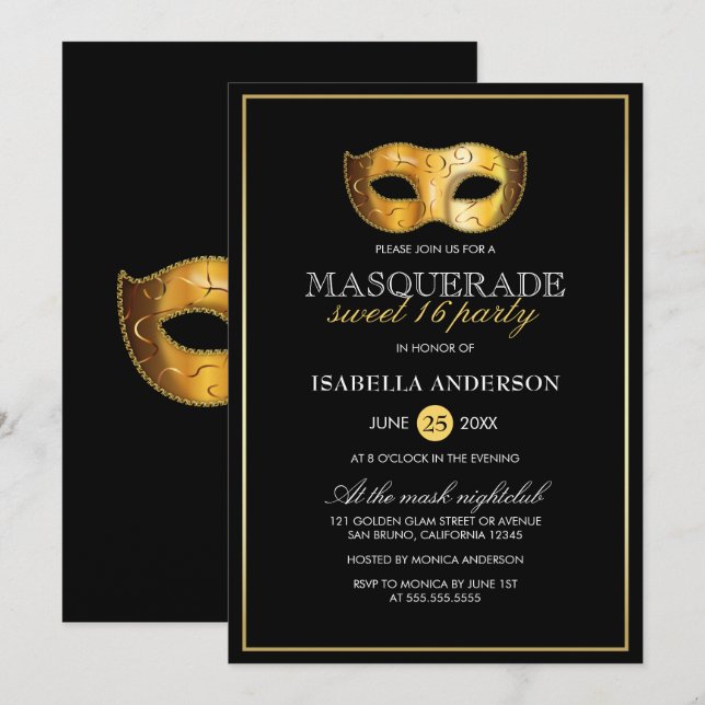 Classy Guld & Black maskerad Sweet 16 Party Inbjudningar (Fram/baksida)