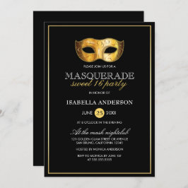 Classy Guld & Black maskerad Sweet 16 Party Inbjudningar