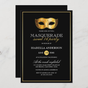 Classy Guld & Black maskerad Sweet 16 Party Inbjudningar