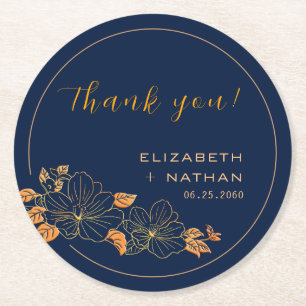 Classy Guld Blommigt Navy Blue Tack Gift Underlägg Papper Rund