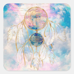 Classy Guld dreamcatcher Rainbow Clouds Himlar des Fyrkantigt Klistermärke