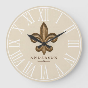 Classy Guld Fleur de Lis & Taupe  Personlig Stor Klocka