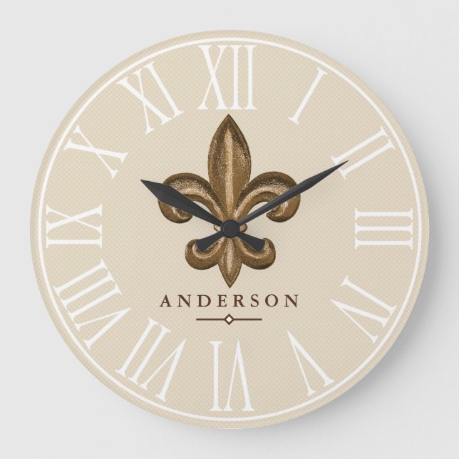 Classy Guld Fleur de Lis & Taupe| Personlig Stor Klocka (Framsida)
