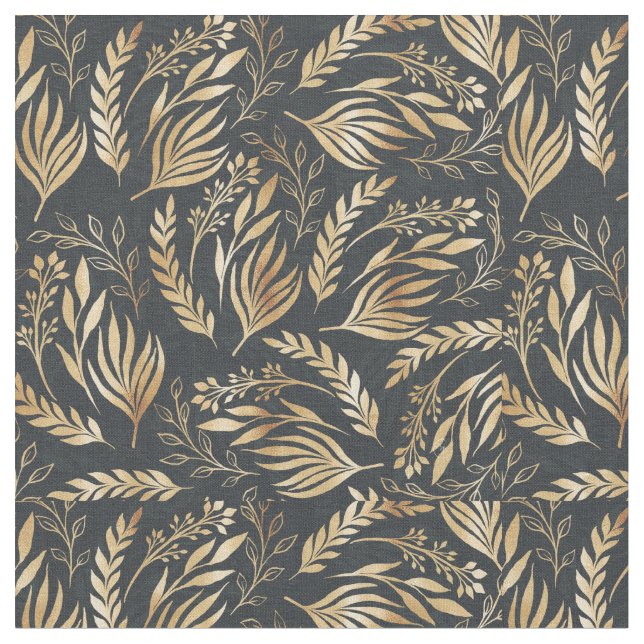 Classy Guld Foliage Botanical Grått Design Tyg (Närbild)