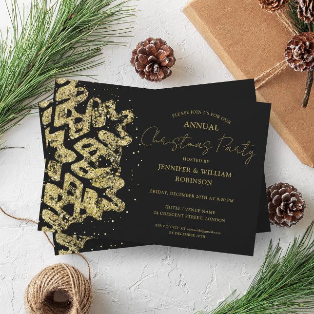 Classy Guld Glitter Julafton Snowflake Helgdag Bla Inbjudningar (Classy Gold Glitter Xmas Snowflake Holiday Black Invitation)