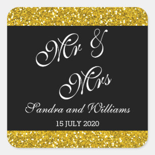 Classy Guld Glitter och Black Mr & Mrs Bröllop Fyrkantigt Klistermärke