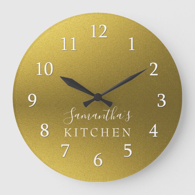 Classy Guld Glitter Personlig Namn Kitchen Stor Klocka (Framsida)