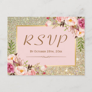 Classy Guld Glitter Rosa Blommigt OSA Response of Inbjudan Vykort
