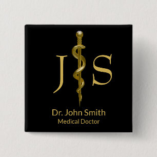 Classy Guld om Svart Rod of Asclepius Medical Knapp