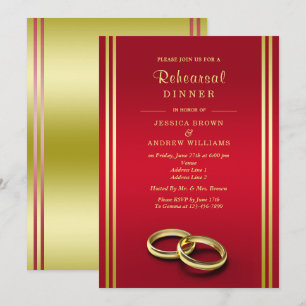 Classy Guld & Red, Bröllop Ringar Rehearsal Dinner Inbjudningar