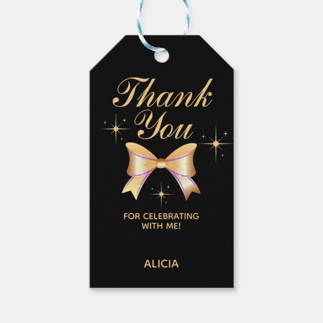 Classy Guld Ribbon Girl Black Birthday Tack Presentetikett (Framsidan)