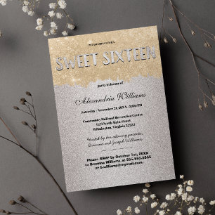 Classy Guld Silver Brushstrokes Glitter Sweet 16 Inbjudningar