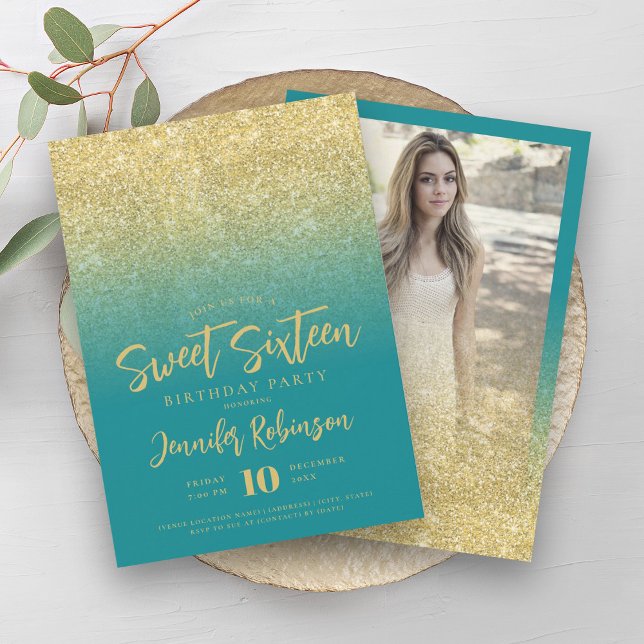 Classy Guld Turcos Glitter Photo Sweet 16 Inbjudningar (Classy Gold Turquoise Glitter Photo Sweet 16 Invitation)