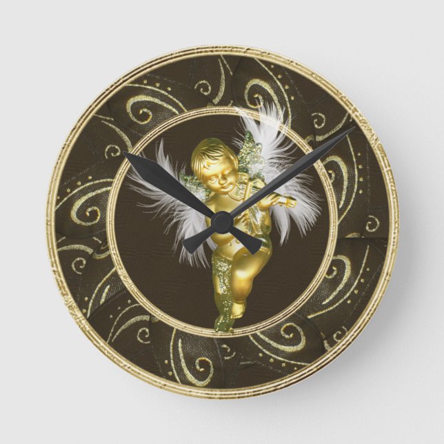 Classy Guld Vintage Angel & Violin Clock Rund Klocka (Framsida)