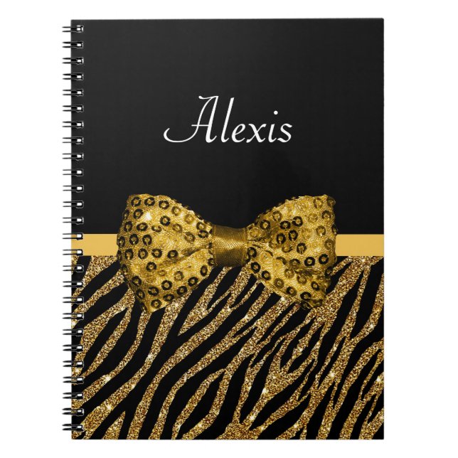 Classy Guld Zebra tryck FAUX Glitz Bow med Namn Anteckningsbok (Framsidan)
