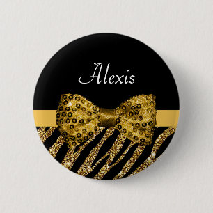 Classy Guld Zebra tryck FAUX Glitz Bow med Namn Knapp