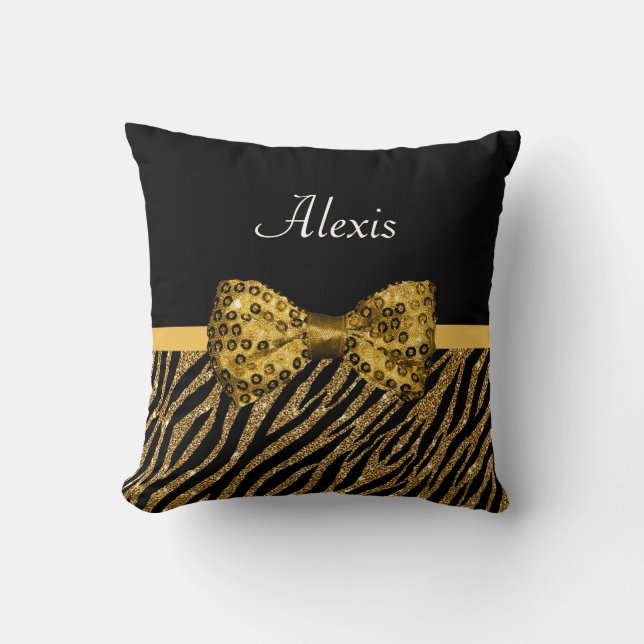 Classy Guld Zebra tryck FAUX Glitz Bow med Namn Kudde (Framsida)