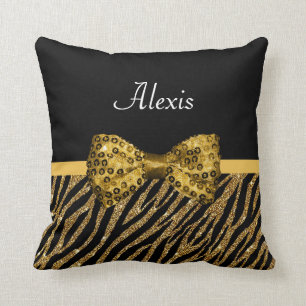 Classy Guld Zebra tryck FAUX Glitz Bow med Namn Kudde